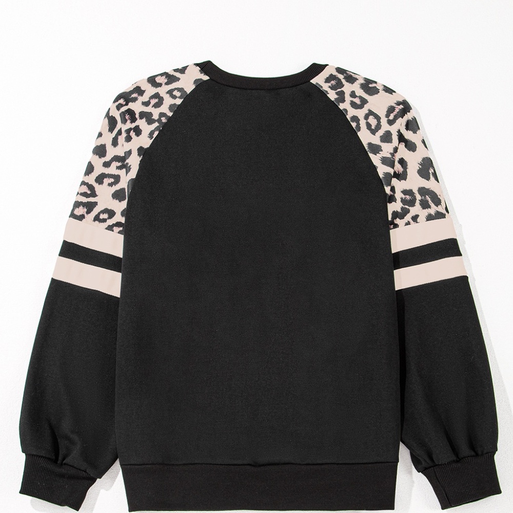 1 MEDIUM LEFT!!! Black Leopard Print Colorblock Raglan Sleeve Sweatshirt - Picture 8 of 14